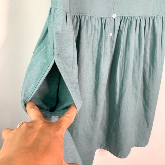 NEW Madewell Alexandra V-Neck Button Front Linen Blend Mini Dress Size L Teal - Picture 5 of 10
